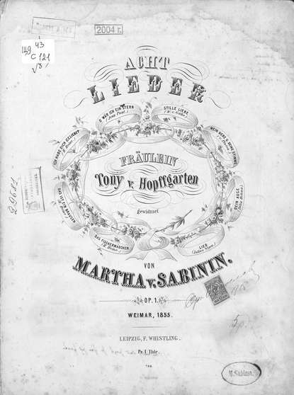 Acht Lieder von Martha v. Sabinin : Марфа (Марта) Степановна Сабинина